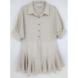 Miou‎ Muse White Khaki Striped Drawstring Cotton Shirt Dress Med Preppy Coastal
